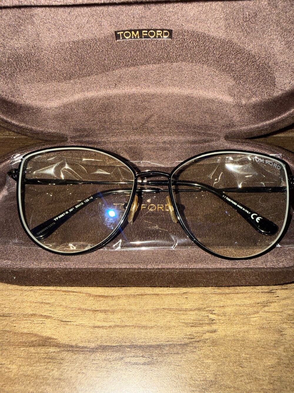 Tom Ford TF5667-B 001 Black Metal soft Cat Eye Glasses Blue Block Lenses & Case